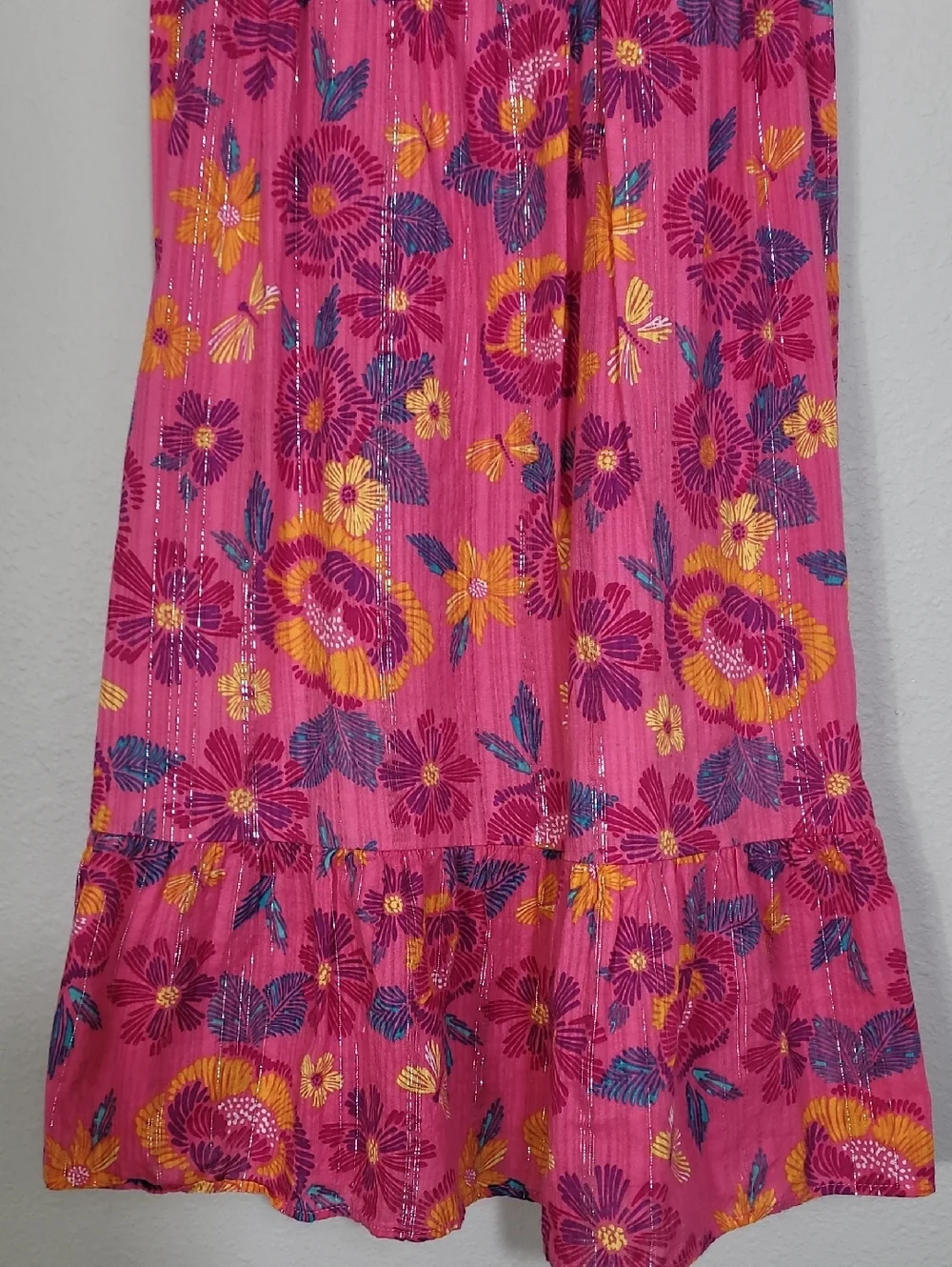 Vintage Bloom Girls Floral Dress Size 12/14 Pink Metallic Fit Flare Cottagecore